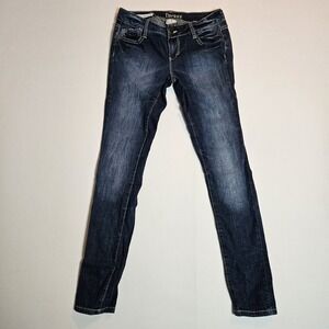 Decree Jeans Juniors 5 Dark Wash Skinny Stretch Denim Blue Distressed Waist Flaw